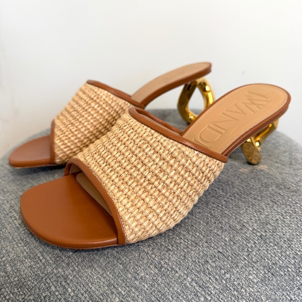 JW Anderson Tan Raffia Chain Link Heel Mules Square Toe Sandals IT 40 US 9/9.5 - Picture 6 of 11